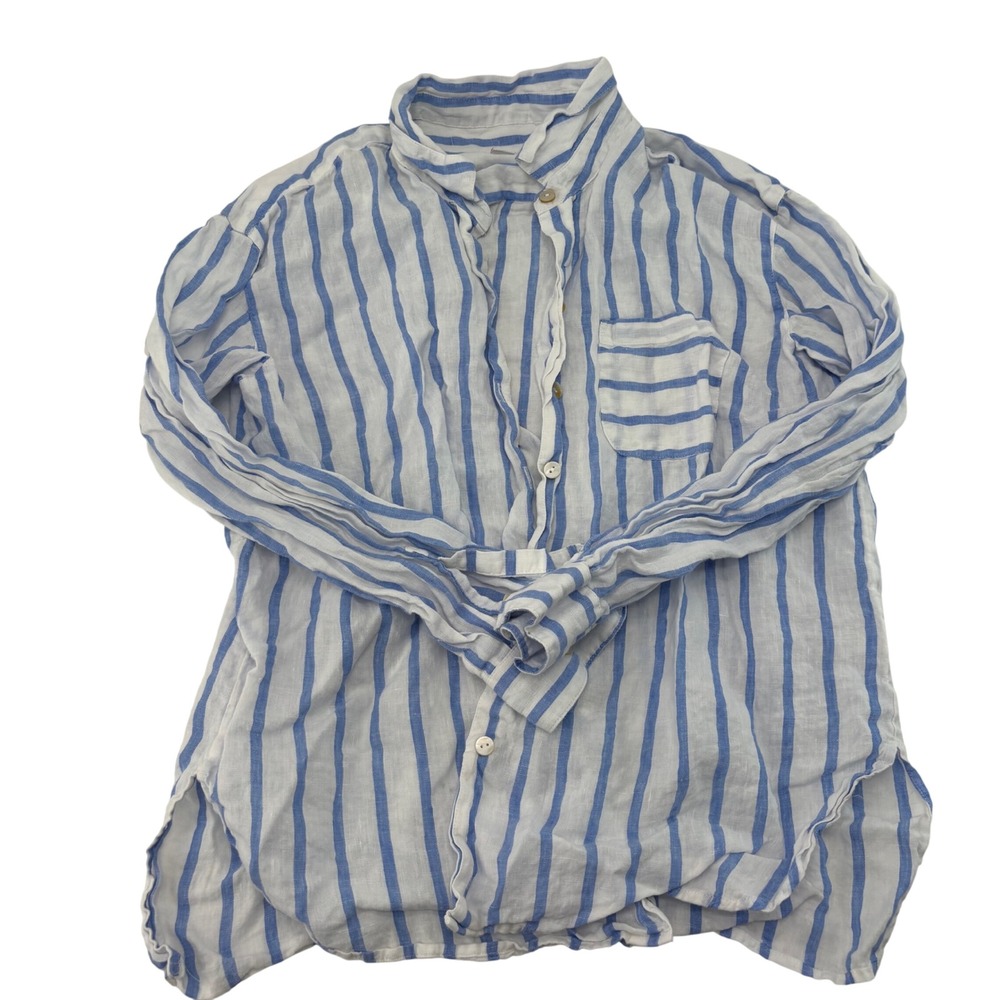 J. Jill Love Linen Striped Button Down Shirt Blue White Petite Small 100% Linen